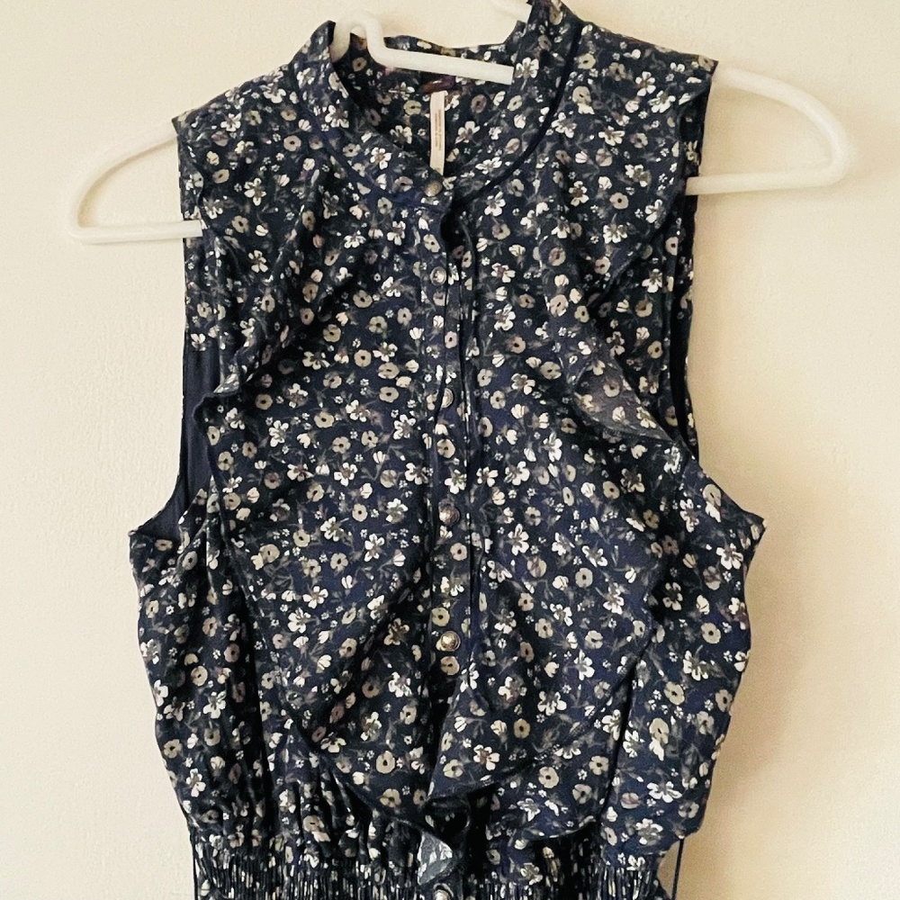 Free People XS Navy Slate Blue Floral Print Midi Dress - Picture 2 of 16